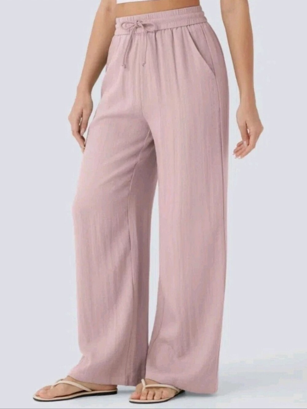 Halara Women's Linen Feel Pants Rose Pink Pocket High Waisted Drawstring M